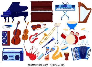 Acoustic music instrument, orchestra audio concert vector illustration set. Cartoon flat musical instrumental collection of violin harp saxophone accordion piano flute for musician isolated on white