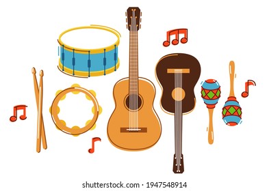 Acoustic music instruments composition vector flat illustration isolated on white, rock ballads concert or festival, live sound fest, rock musical bands.