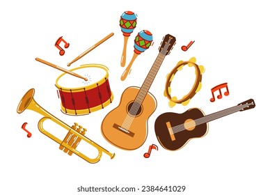 Acoustic music instruments composition vector flat illustration isolated on white, rock ballads concert or festival, live sound fest, rock musical bands.