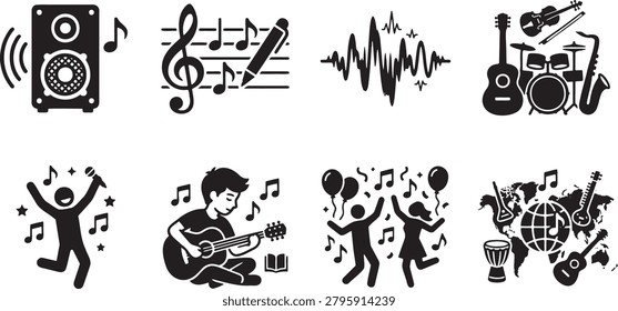 Acoustic music instruments dance party and global media icons set
