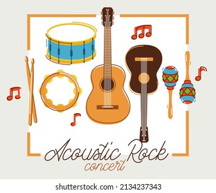 Acoustic music instruments poster vector flat illustration isolated on white, rock ballads concert or festival flyer or banner advertising announcement, live sound fest, rock musical bands.