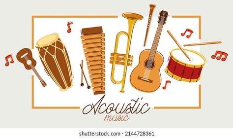 Acoustic music instruments poster vector flat illustration isolated on white, rock ballads concert or festival flyer or banner advertising announcement, live sound fest, rock musical bands.