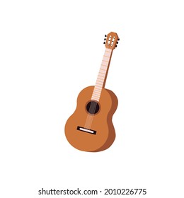 Acoustic musical instrument. Cartoon icon of classic wooden guitar with strings. Flat vector illustration isolated on a white background.