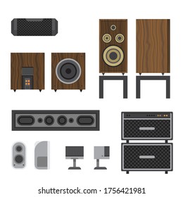 Acoustic in plane wooden body, vector icon. The audio speaker. Music column. Music Acoustic speaker. Cartoon illustration of music column vector icon for web. Audio speakers in different colors.