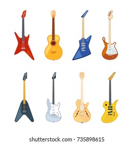 Acoustic And Rock Guitar. Vector Illustrations In Flat Style. Guitar Instrument For Rock Music Or Jazz Collection