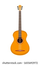 Acoustic six-stringed guitar. Musician instrument isolated on white background. Jazz, rock, pop, classic sound play melody. Single musical object for music shop, store. Vector illustration