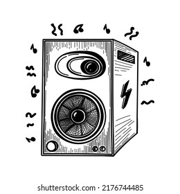 An Acoustic Speaker, A Hand-drawn Sketch-style Doodle. Music Speaker. Professional Equipment. Line Drawing Of A Simple Audio Speaker. Isolated Vector Illustration.