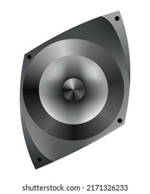 Acoustic speaker. Modern electronic equipment, volume music listening isolated. Metallic power bass system loudspeaker device. Audio subwoofer icon for concert, party or home cinema
