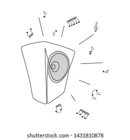 Acoustic speaker and music notes. Vector illustration in line art drawing style 