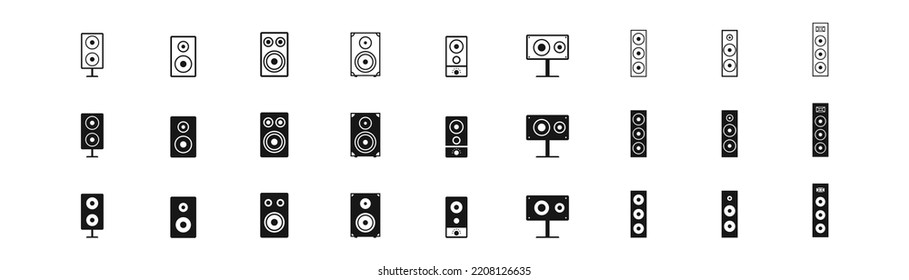 Acoustic speakers icon set. Subwoofer, monitor signs. Sound concept. Music symbols. Vector illustration. 