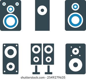 Conjunto de ícones de alto-falantes acústicos. Subwoofer, placas de monitor. Conceito de som. Símbolos musicais. Ilustração vetorial.
