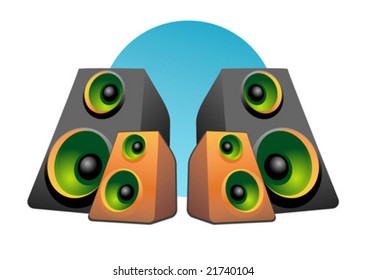 Acoustic system with black and brown elements and green speakers