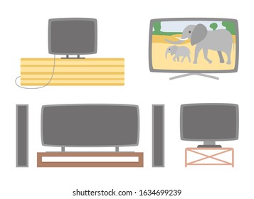 Acoustic system and tv set vector, isolated screens with show program showing elephants and wild nature on monitor. Pastime and leisure, television