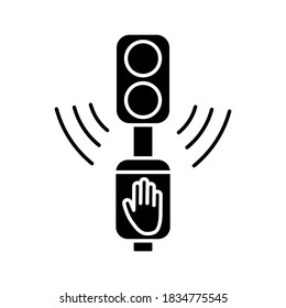 Acoustic traffic lights signals black glyph icon. Audible traffic signal for blind pedestrians. LED crosswalk light. City infrastructure. Silhouette symbol on white space. Vector isolated illustration