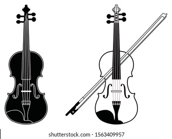 Acoustic violin. Silhouette and thin line icons