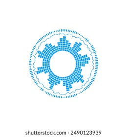 Acoustic wave. Vector graphics of a circular blue sound wave surrounded by radial particles. Illustration of a music equalizer on an isolated white background.
