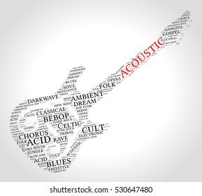 Acoustic. Word cloud, guitar, gradient grey background. Music concept.
