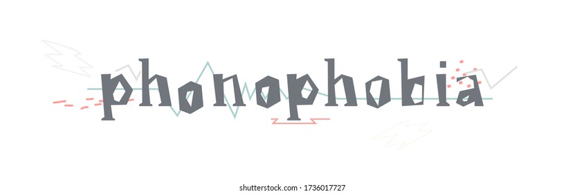 Acousticophobia or phonophobia. Fear of loud sounds, noise and voices. Vector illustration, font concept.
