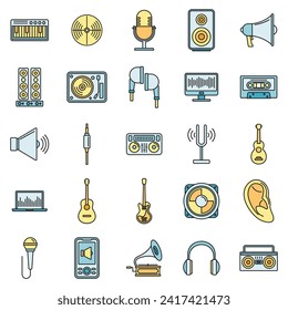 Iconos de audio de acústica ajustados. Conjunto de contornos acústicos iconos vectoriales de audio color de línea delgada plano sobre blanco