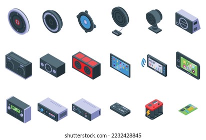 La acústica de los iconos de la música de carmuera establece un vector isométrico. Sonido bajo. Automático de audio