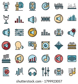 Acoustics icons set. Outline set of acoustics vector icons thin line color flat on white