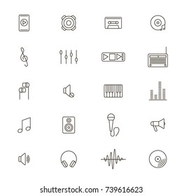 Acoustics and Sound Black Thin Line Icon Set for Web and App Include of Microphone, Headphone, Equalizer and Loudspeaker. Vector illustration