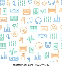 Acoustics and Sound Seamless Pattern Background for Web and App Include of Microphone, Headphone, Equalizer and Loudspeaker. Vector illustration