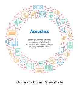 Acoustics and Sound Thin Line Banner Card Circle for Web and App Include of Microphone, Headphone, Equalizer and Loudspeaker. Vector illustration