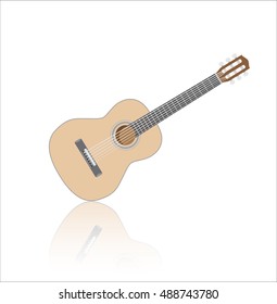 Acoustig guitar, isolated musical instrument with reflection. Vector illustration