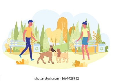 Acquaintance Dogs on Walk with Hosts in Park. Teenage Boy and Girl Went for Walk in Beautiful Autumn Park. They Met on Path near Benches, their Dogs Sniff Each Other and Get to know each Other.