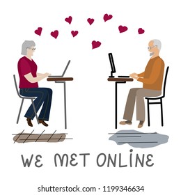 Acquaintance on  Internet, virtual communication, we met online,  old people,  man and woman, computer technologies,  vector illustration