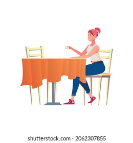 Acquaintance romantic composition with girl sitting alone at cafe table drinking coffee vector illustration