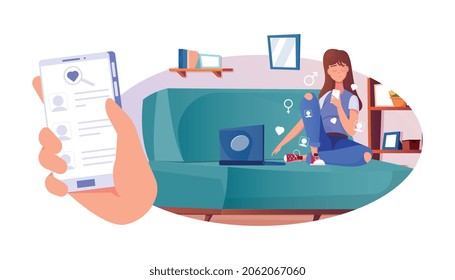 Conocimiento de la composición romántica con la mano sujetando la aplicación de citas para smartphone y la chica en la ilustración del vector del sofá