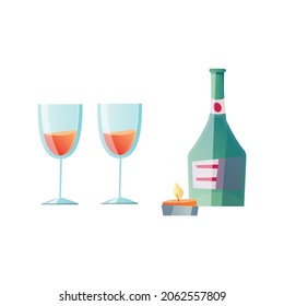 Acquaintance romantic composition with images of alcohol bottle glasses and candle vector illustration