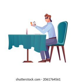 Acquaintance romantic composition with man at restaurant table holding smartphone with blindfolded eyes vector illustration