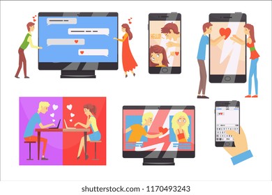 Acquaintance through the social network, distance relationship, online dating set of vector Illustrations