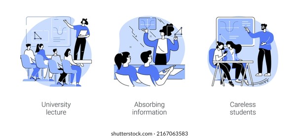 Acquire knowledge isolated cartoon vector illustrations set. University lecture, absorbing information and making notes, careless distracted students, educational process vector cartoon.