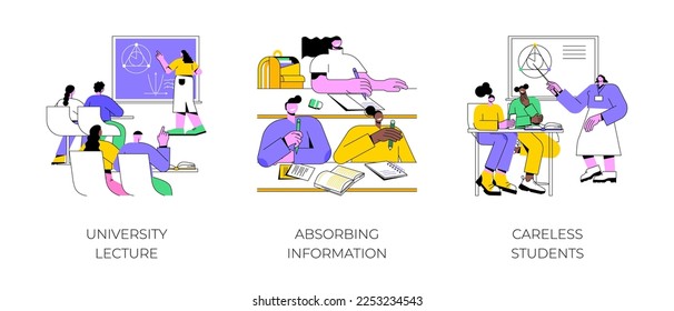 Acquire knowledge isolated cartoon vector illustrations set. University lecture, absorbing information and making notes, careless distracted students, educational process vector cartoon.