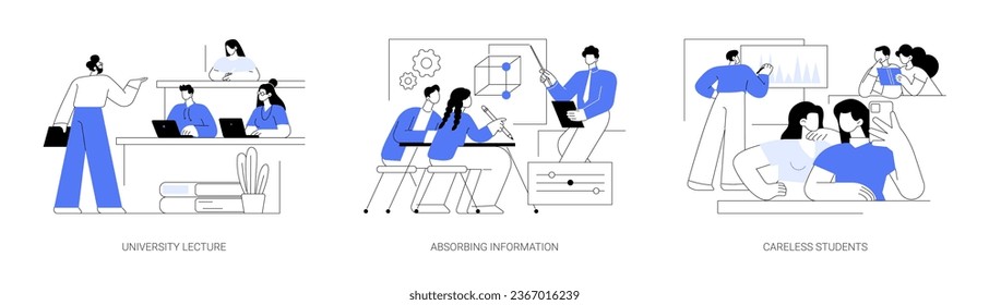 Acquire knowledge isolated cartoon vector illustrations set. University lecture, absorbing information and making notes, careless distracted students, educational process vector cartoon.