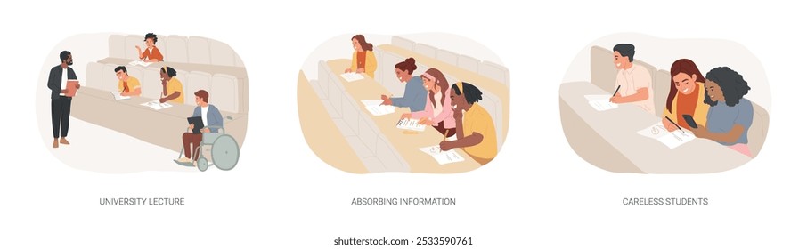 Acquire knowledge isolated cartoon vector illustrations set. University lecture, absorbing information and making notes, careless distracted students, educational process vector cartoon.