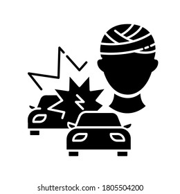 Acquired brain injury black glyph icon. Head injury from car accident. Trauma from automobile collision. Medical condition. Silhouette symbol on white space. Vector isolated illustration