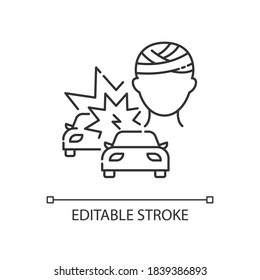 Acquired Brain Injury Linear Icon. Head Injury From Car Accident. Trauma From Auto Collision. Thin Line Customizable Illustration. Contour Symbol. Vector Isolated Outline Drawing. Editable Stroke