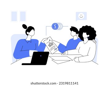 Acquiring mortgage abstract concept vector illustration. Young couple getting mortgage, real estate business, brokerage company, loan officer and clients, successful deal abstract metaphor.
