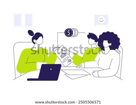 Acquiring mortgage abstract concept vector illustration. Young couple getting mortgage, real estate business, brokerage company, loan officer and clients, successful deal abstract metaphor.