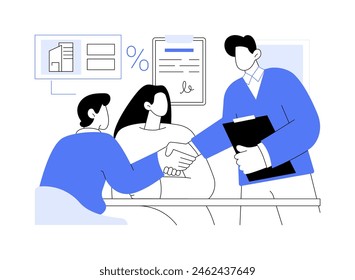 Acquiring mortgage isolated cartoon vector illustrations. Young couple getting a mortgage, handshake with loan officer, real estate purchase, talking with broker, property owners vector cartoon.