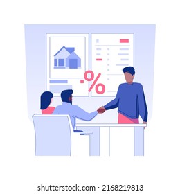 Acquiring mortgage isolated concept vector illustration. Young couple getting mortgage, real estate business, brokerage company, loan officer and clients, successful deal vector concept.