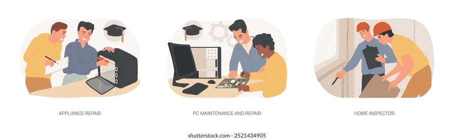 Acquiring technical profession isolated cartoon vector illustrations set. Student leaning how to repair appliance with teacher, PC maintenance certificate, become home inspector vector cartoon.