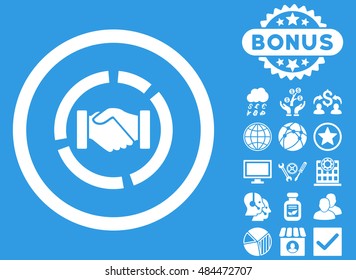 Acquisition Diagram icon with bonus elements. Vector illustration style is flat iconic symbols, white color, blue background.
