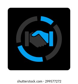 Acquisition diagram icon. Vector style is bicolor flat symbol, gray and light blue colors, black rounded square button, white background.