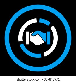 Acquisition diagram vector icon. This rounded flat symbol is drawn with blue and white colors on a black background.